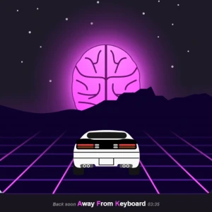 Synthwave car driving into a moon that looks like a brain